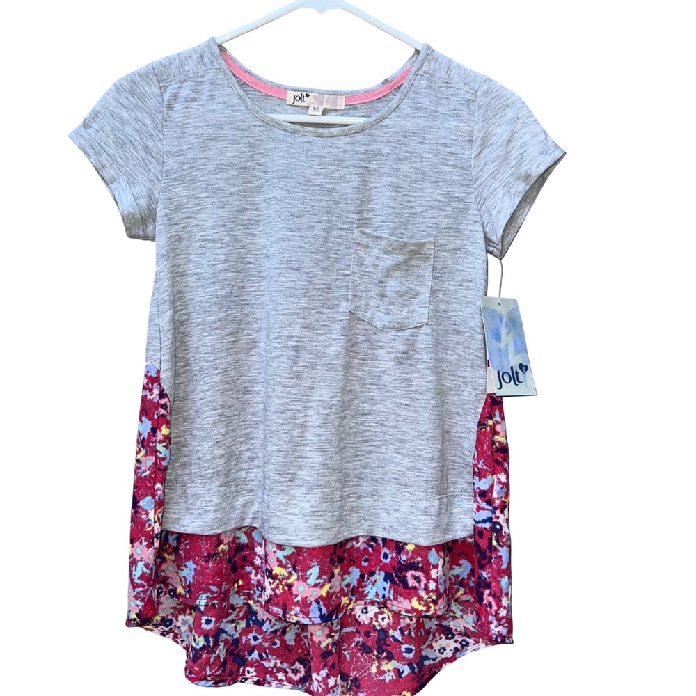 Jolt Women Grey Heather‎ Floral Mixed Media Pocket Top XS NWT Boho Hippie Retro